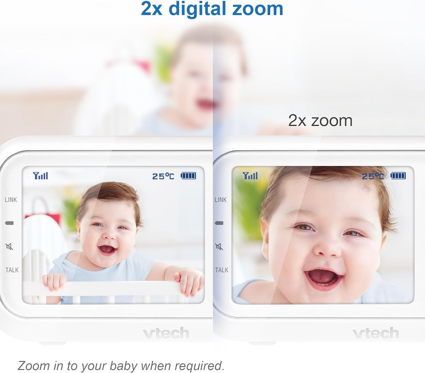 VTech Monitor de vídeo VM3250 com suporte de bateria Streaming de vídeo de 19 horas, tela LCD de 2,8 ", visão noturna infravermelha, alcance de até 300 m, transmissão segura, sensor de temperatura, sons suaves, zoom 2X