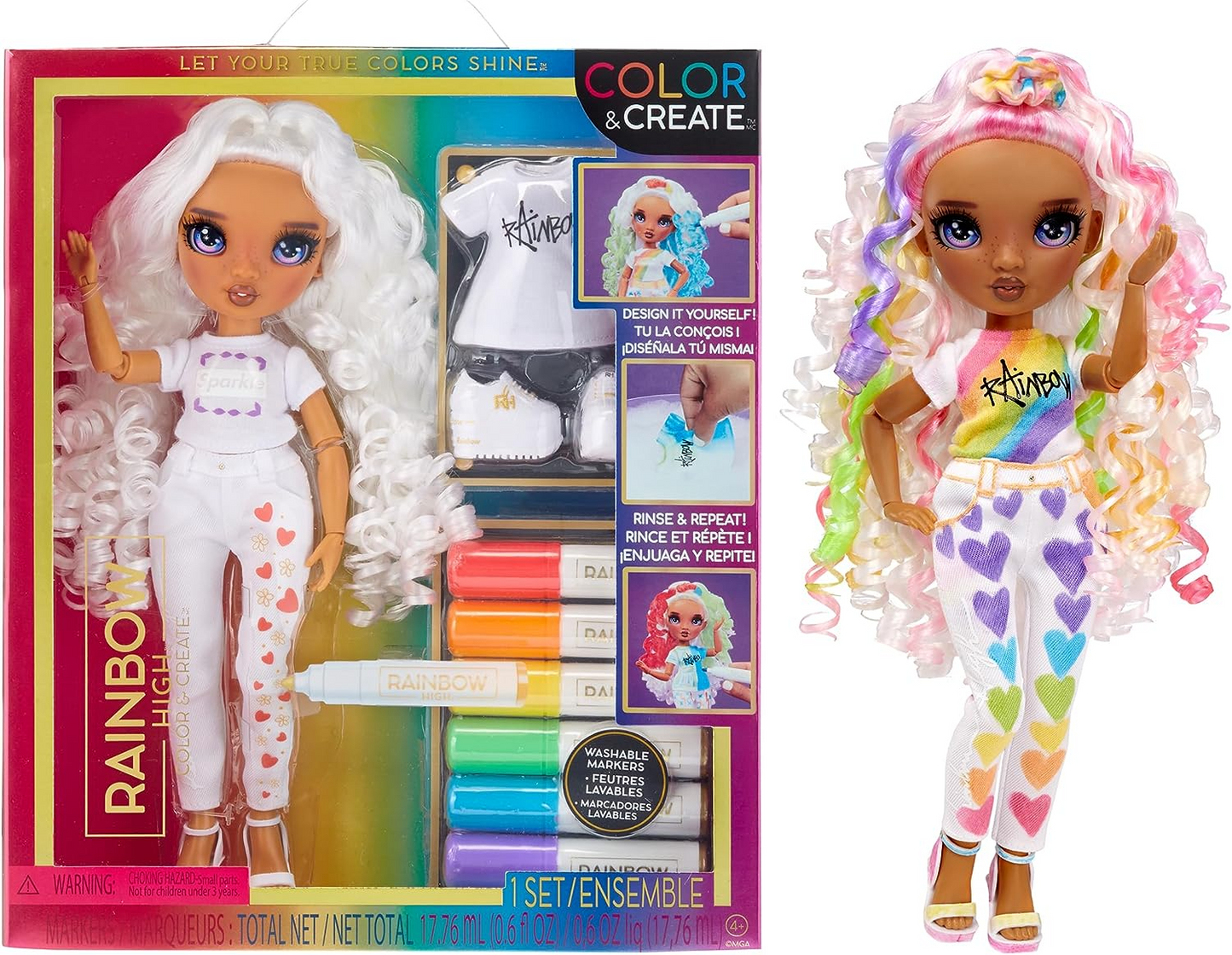 Rainbow High Colorir e criar boneca DIY moderna - olhos roxos, cabelos cacheados, blusa e sapatos bônus e marcadores de arco-íris laváveis - colorir, criar, brincar, enxaguar, repetir - para crianças de 4 a 12 anos e colecionadores