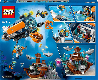 LEGO 60379 City Submarino Explorador de las Profundidades, Juguete Subacuático del Océano con Dron, Figuras de Tiburones, Minifiguras de Naufragio y Buzo, Regalo de Cumpleaños para Niños, Niños y Niñas a Partir de 7 Años