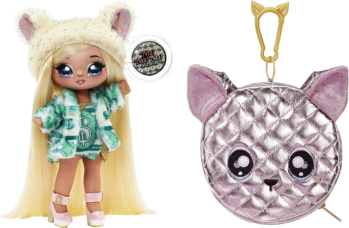 Na! Na! Na! Surprise  Boneca fashion 2 em 1 e bolsa metálica série Glam - colecionável - boneca loira em vestido verde e chapéu de orelha de cachorro com bolsa chihuahua - Victoria Grand
