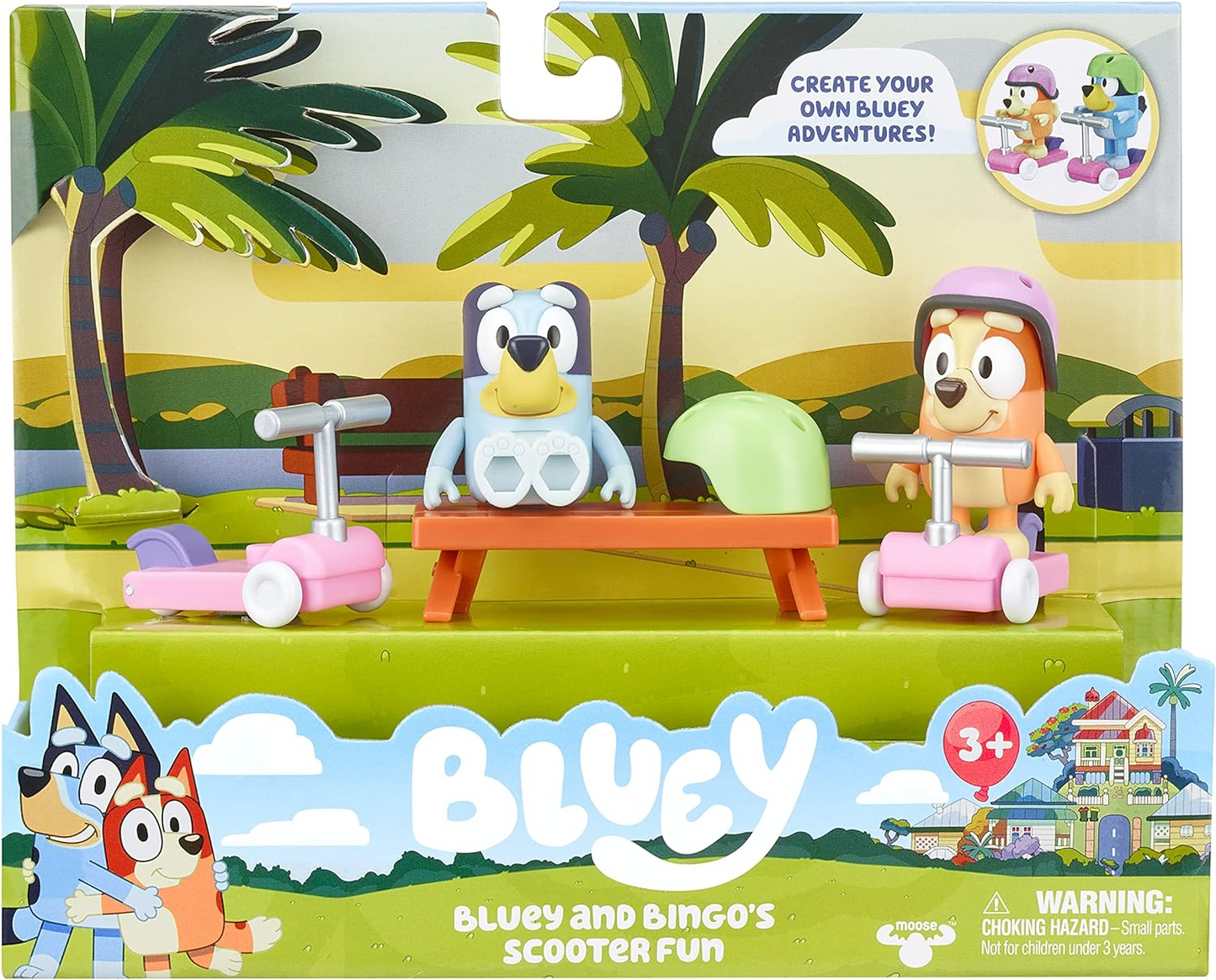 Bluey Conjunto de jogos divertidos de scooter: figuras de ação articuladas de 6 cm de Bluey e bingo com 2 scooters, 2 capacetes e brinquedo colecionável oficial de banco