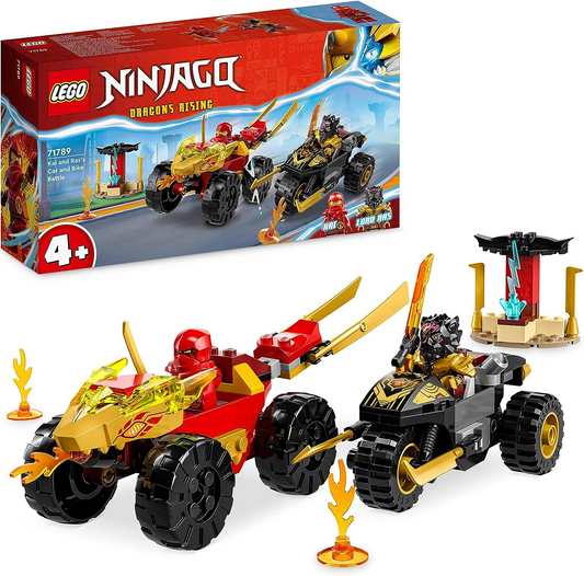 LEGO 71789 NINJAGO Conjunto de batalha de carros e bicicletas de Kai e Ras, brinquedo de corrida Ninja para crianças a partir de 4 anos com 2 minifiguras e veículos da série Dragons Rising