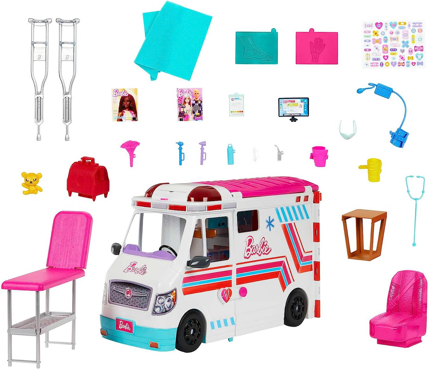 Barbie Brinquedos, Ambulância Transformadora e Playset de Clínica com Luzes, Sons e mais de 20 Acessórios, Clínica de Cuidados, HKT79