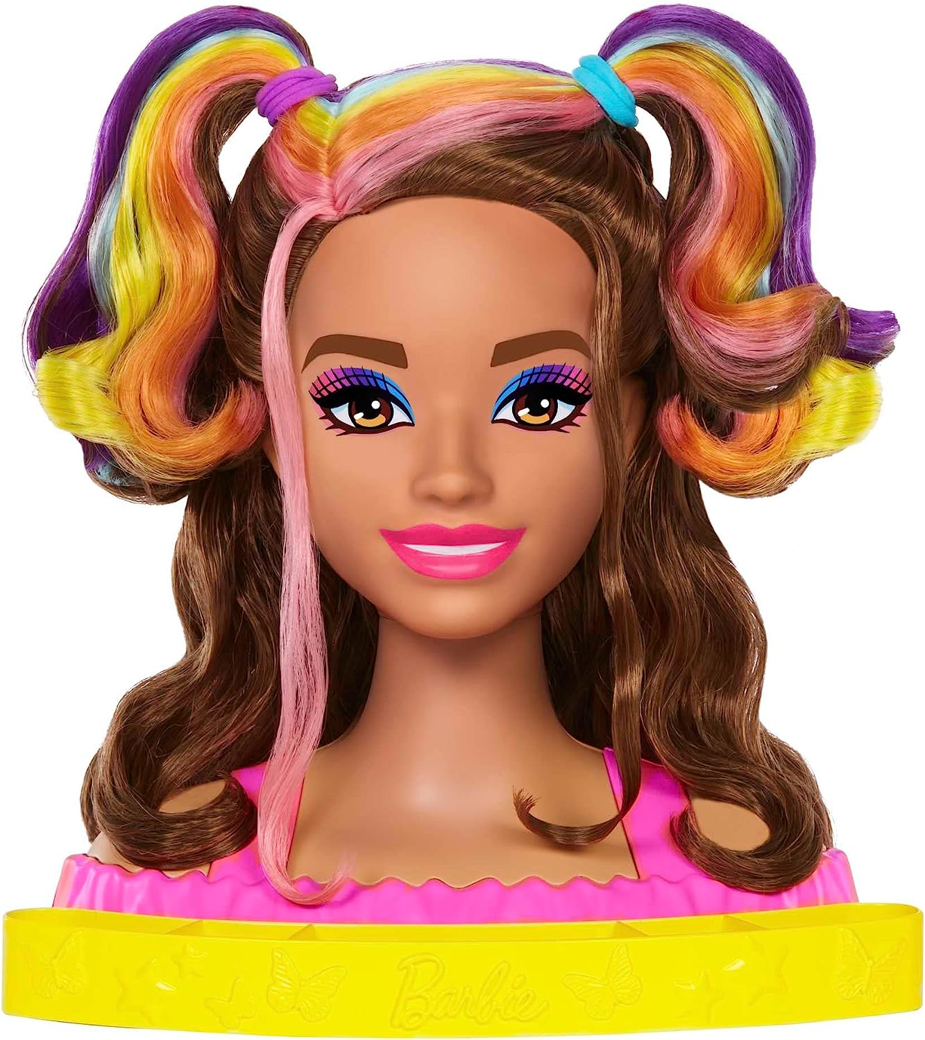 Barbie Cabeça de estilo de boneca de luxo, cabelo totalmente Barbie, cabelo de arco-íris de néon loiro liso, cabeça de boneca para estilo de cabelo, acessórios de revelação de cor, HMD78