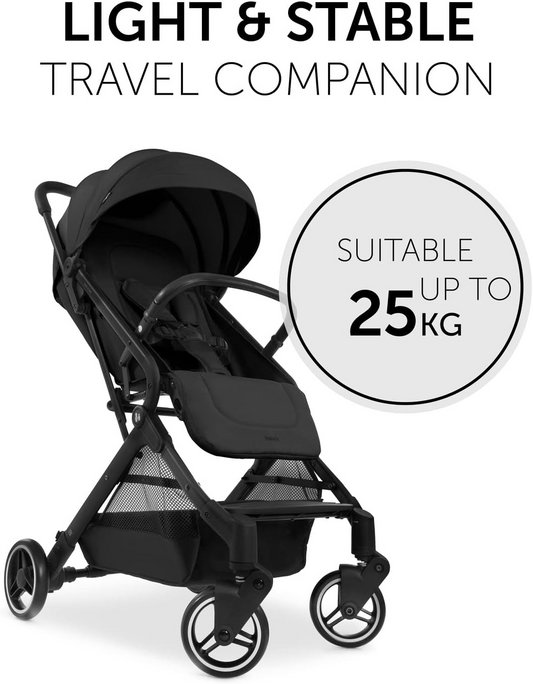 Hauck Travel N Care Cochecito hasta 25 kg, ligero, compacto, plegable con una sola mano, asiento totalmente reclinable, ruedas lisas, suspensión, UPF 50+ (negro)