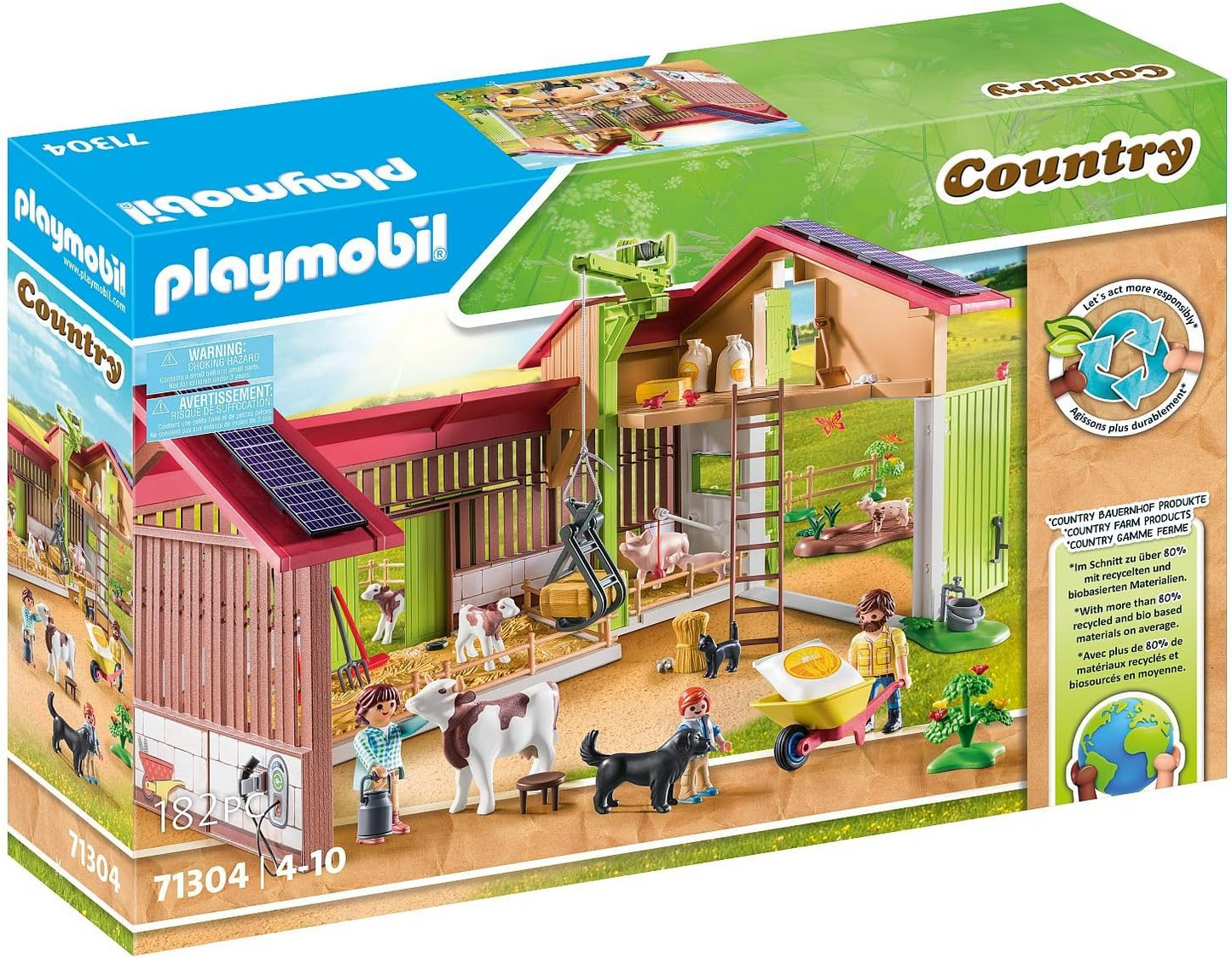 Playmobil 71304 Country Fazenda grande, feita de material sustentável com muitas funções e acessórios, dramatização divertida e imaginativa, conjuntos de jogos adequados para crianças a partir de 4 anos