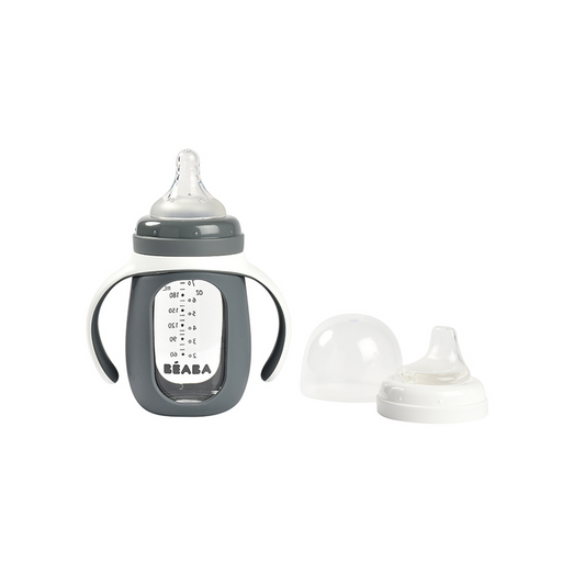 Beaba Botella de Aprendizaje de Vidrio 2 en 1 con Tapa de Silicona Gris Mineral 210 ml