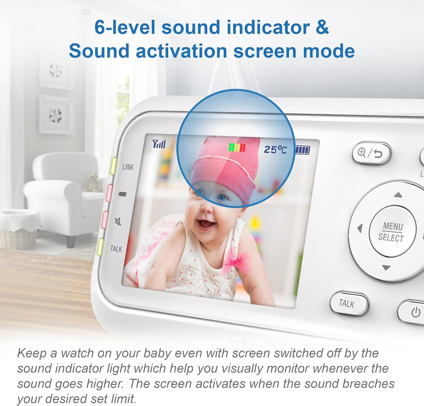 VTech Monitor de vídeo VM3250 com suporte de bateria Streaming de vídeo de 19 horas, tela LCD de 2,8 ", visão noturna infravermelha, alcance de até 300 m, transmissão segura, sensor de temperatura, sons suaves, zoom 2X