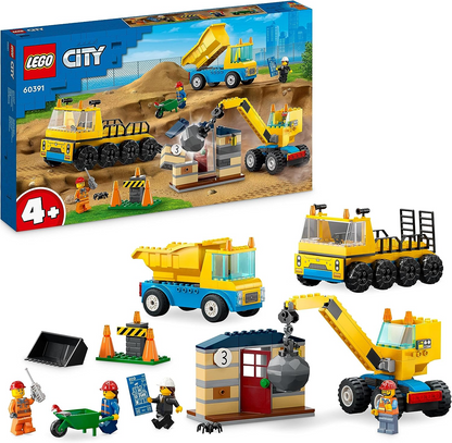 LEGO 60391 Caminhões de construção urbana e brinquedos de guindaste de bola de demolição, conjunto de jogos de demolição com brinquedo escavador, caminhão basculante e veículos de transporte, brinquedos de aprendizagem para crianças