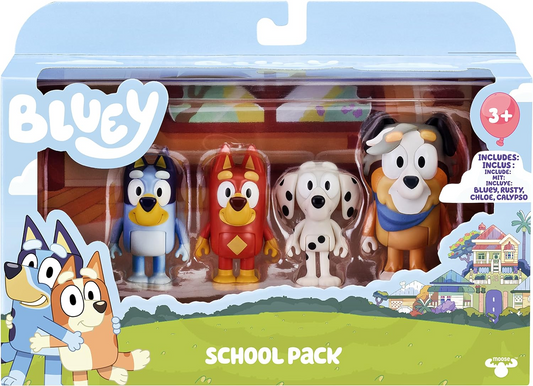 Bluey Pack de 4 compañeros de colegio; Figuras de acción coleccionables oficiales de Bluey de 2,5 a 3 pulgadas que incluyen a Jack, Pretzel y Mackenzie con sus propios accesorios para lonchera.