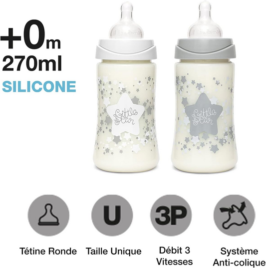 SUAVINEX Set para recién nacidos, 2 biberones 270 ml + biberón 150 ml + biberón 150 ml con asas + chupete fisiológico -2-4 meses con tetina de silicona, color: blanco