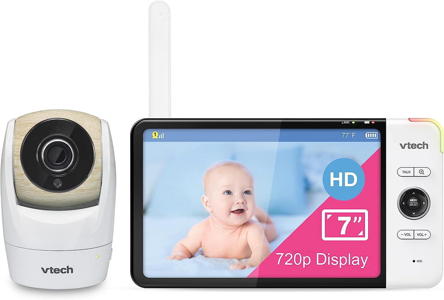 VTech Monitor de vídeo para bebês VM919HD, tela HD de 7 "720p, panorâmica e inclinação de 360 °, visão grande angular de 110 °, visão noturna HD, até 1.000 pés, branco, bateria para streaming de vídeo de até 7 horas