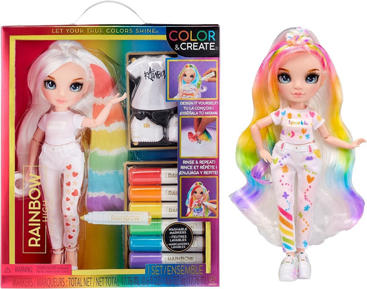 Rainbow High Colorir e criar boneca DIY moderna - olhos azuis, cabelo liso, blusa e sapatos bônus e marcadores de arco-íris laváveis - colorir, criar, brincar, enxaguar, repetir - para crianças de 4 a 12 anos e colecionadores