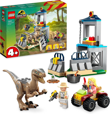 LEGO 76957 Jurassic Park Velociraptor Escape Dinosaur Toy para meninos, meninas, crianças de 4 anos ou mais, conjunto com figura de dinossauro, carro off-road e 2 minifiguras