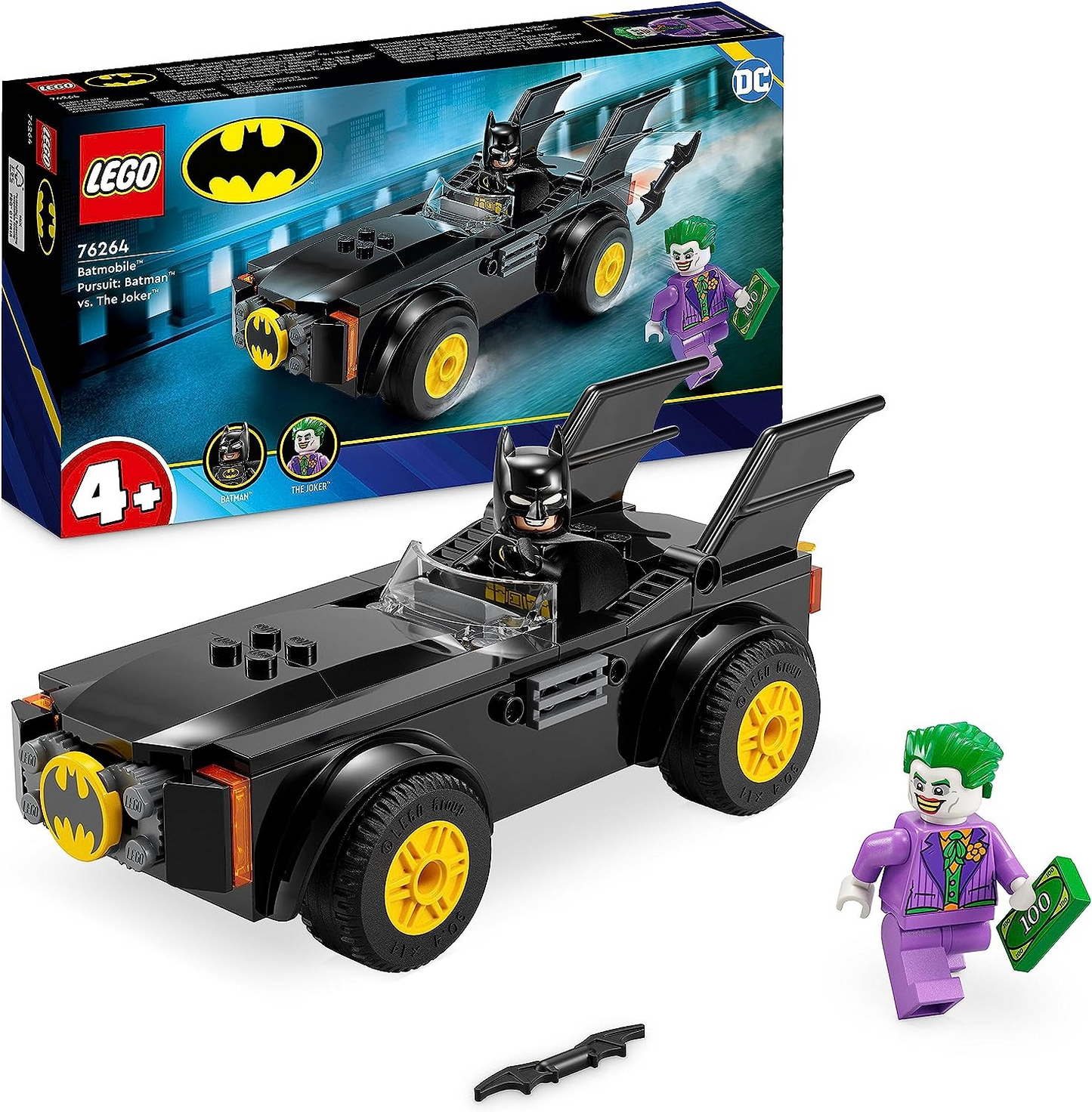 LEGO 76264 DC Batmobile Pursuit: Batman vs. The Joker Toy Car Playset, conjunto inicial de super-heróis com 2 minifiguras, brinquedos para crianças em idade pré-escolar, meninos e meninas com mais de 4 anos de idade, construção rápida e divertida