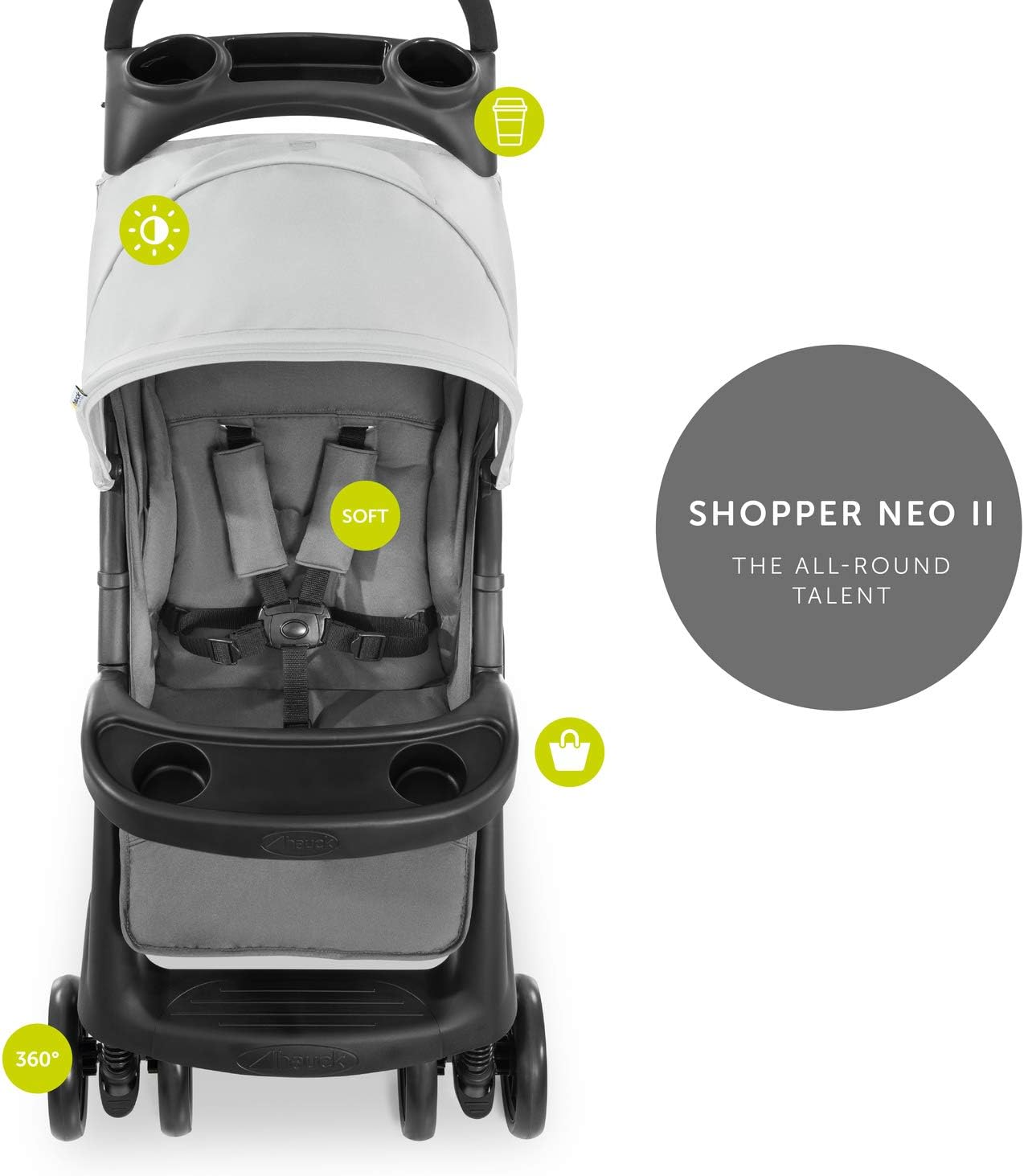 Hauck Carrinho de bebê leve Shopper Neo 2, carga máxima de 25 kg, 2 porta-copos e bandeja de acessórios, dobrável com uma mão, totalmente reclinável, posição deitada desde o nascimento, cesta de compras XL (cinza)