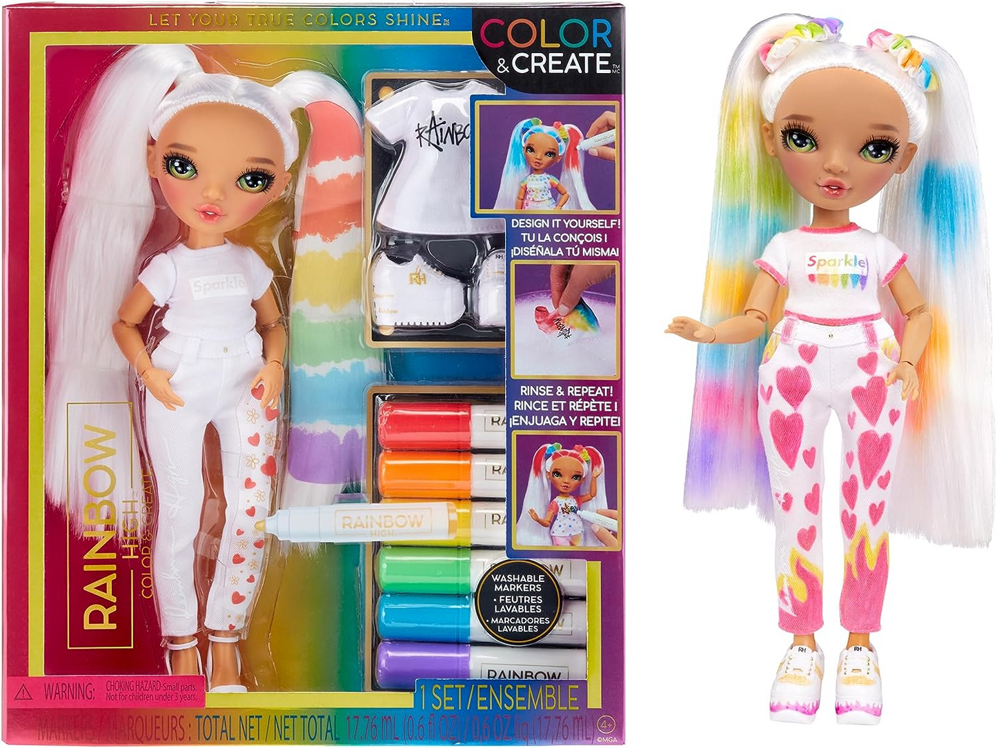 Rainbow High Colorir e criar boneca DIY moderna - olhos verdes, rabos de porco, blusa e sapatos bônus e marcadores de arco-íris laváveis - colorir, criar, brincar, enxaguar, repetir - para crianças de 4 a 12 anos e colecionadores