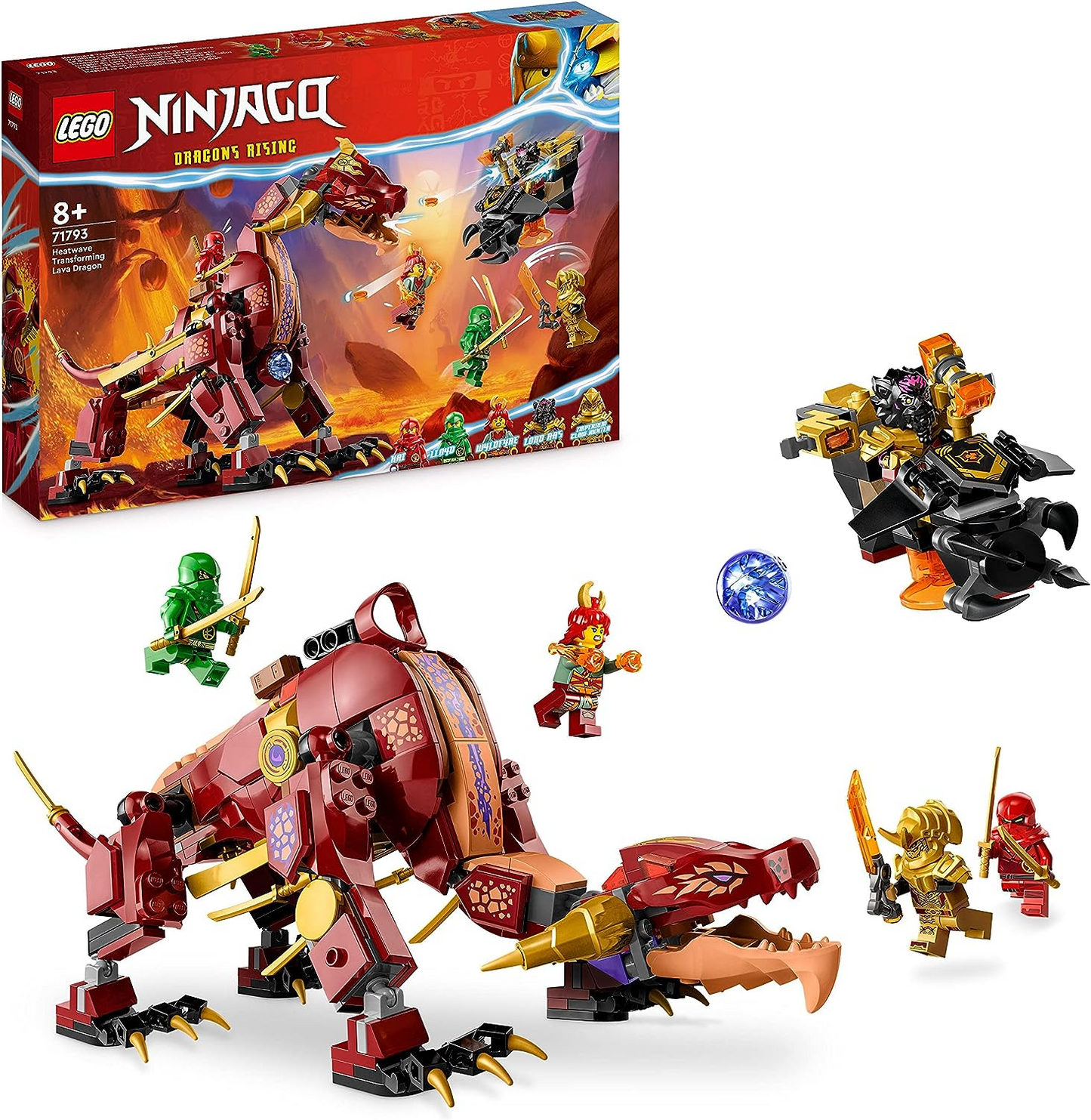 LEGO 71793 NINJAGO Brinquedo de dragão de lava transformador de onda de calor, conjunto da série Dragons Rising com figura de criatura mítica, além de minifiguras de Kai e Lloyd