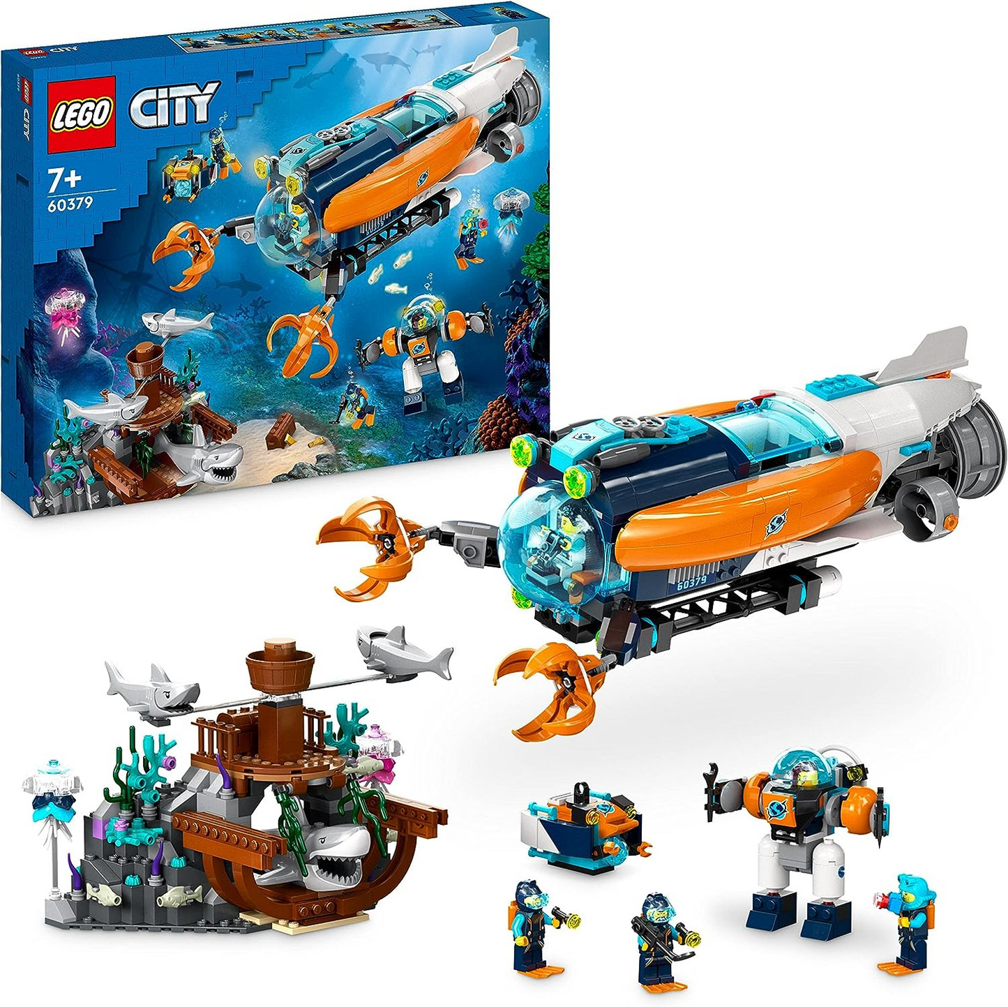LEGO 60379 City Submarino Explorador de las Profundidades, Juguete Subacuático del Océano con Dron, Figuras de Tiburones, Minifiguras de Naufragio y Buzo, Regalo de Cumpleaños para Niños, Niños y Niñas a Partir de 7 Años