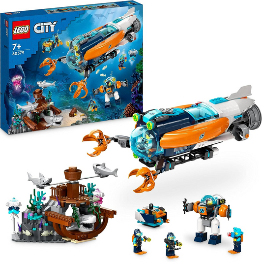 LEGO  60379 Brinquedo Submarino City Deep-Sea Explorer, Conjunto Oceano Subaquático com Drone, Figuras de Tubarão, Naufrágio e Minifiguras de Mergulhador, Presente de Aniversário para Crianças, Meninos e Meninas com mais de 7 anos