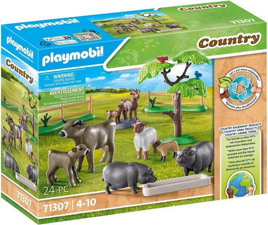 Playmobil 71307 Paddock Country Animal Playset, con animales de granja cuidadosamente diseñados como vacas, cabras, ovejas y cerdos barrigones, juegos de rol divertidos e imaginativos, sets de juego aptos para niños a partir de 4 años