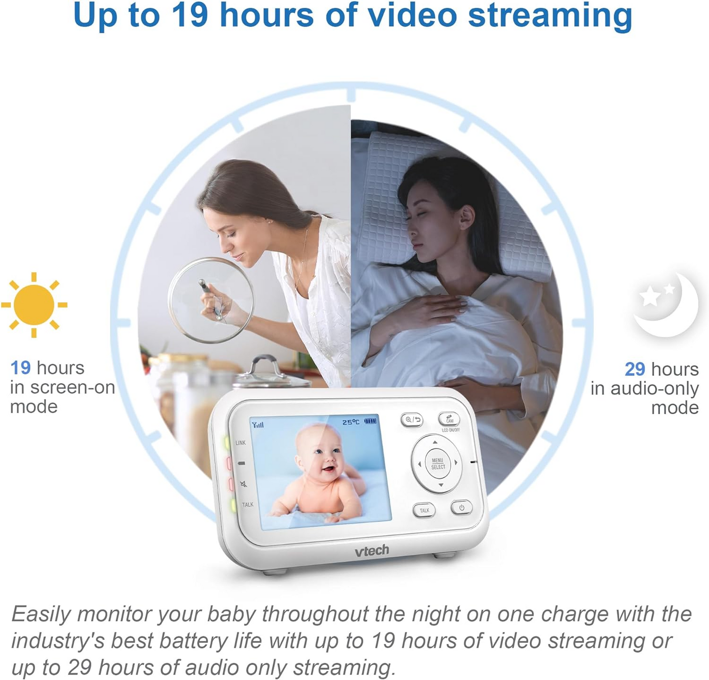 VTech Monitor de vídeo VM3250 com suporte de bateria Streaming de vídeo de 19 horas, tela LCD de 2,8 ", visão noturna infravermelha, alcance de até 300 m, transmissão segura, sensor de temperatura, sons suaves, zoom 2X