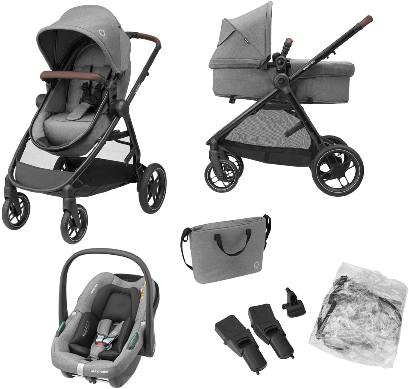 Maxi-Cosi Zelia S Trio 3-em-1 Carrinho de bebê Travel System, 0 - 4 anos, até 22 kg, dobrável, compacto e reclinável carrinho de bebê, com assento de carro CabrioFix S i-Size, acessórios, bolsa de bebê, cinza