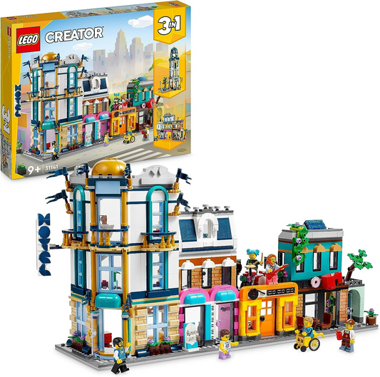 LEGO 31141 Creator Set de Construcción 3 en 1 de Calle Principal para Rascacielos Art Déco o Calle del Mercado, Juguete de Construcción con Maqueta de Hotel, Cafetería, Apartamentos y Tiendas, Kit de Construcción Creativa