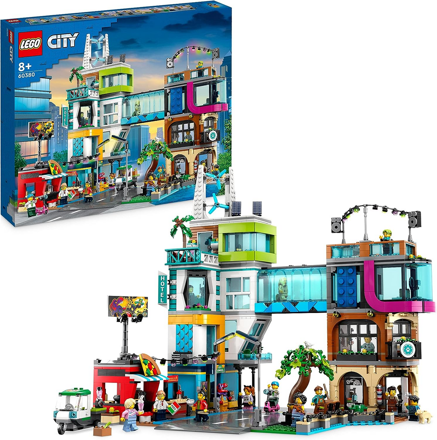 LEGO 60380 Conjunto City Center, kit de construção de modelo com salas modulares reconfiguráveis, incluindo lojas de brinquedos, barbeiro, estúdio Vlogger, hotel e discoteca na cobertura com 14 minifiguras