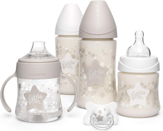 SUAVINEX Set para recién nacidos, 2 biberones 270 ml + biberón 150 ml + biberón 150 ml con asas + chupete fisiológico -2-4 meses con tetina de silicona, color: blanco