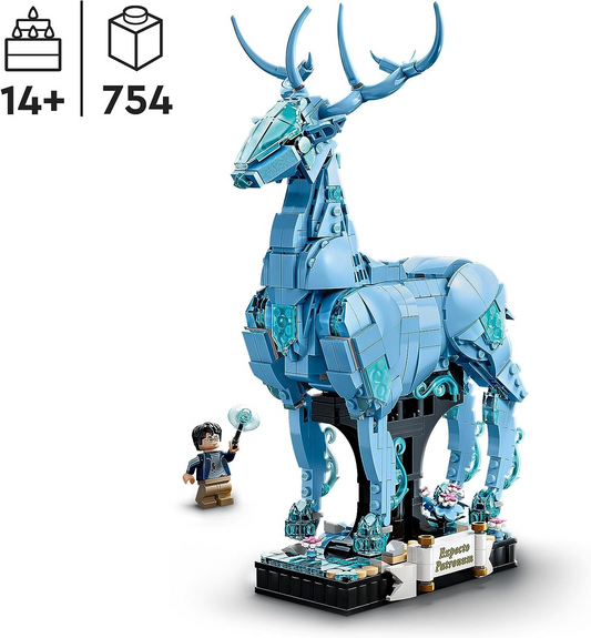 LEGO 76414 Conjunto 2 em 1 Harry Potter Expecto Patronum, construir figuras de animais de veado e lobo, modelo de construção, reconstrução e exibição, presentes mágicos para meninas adolescentes, meninos, mulheres, homens