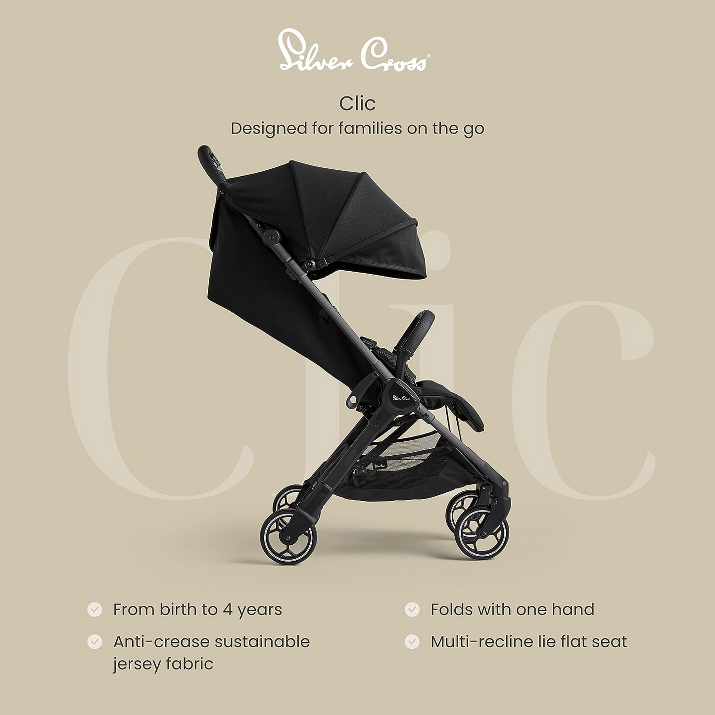 Silver Cross | Carrinho de passeio compacto Clic | Carrinho de passeio | Carrinho dobrável e leve | Tamanho da cabine | Recém-nascidos - 4 anos | Espaço