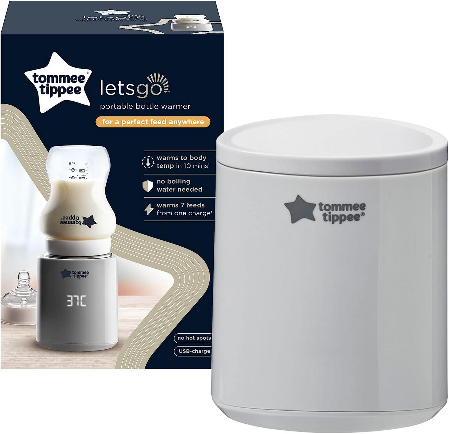 Tommee Tippee Aquecedor de mamadeiras portátil LetsGo, recarregável por USB, aquecedor de mamadeiras elétrico, leve e adequado para viagens
