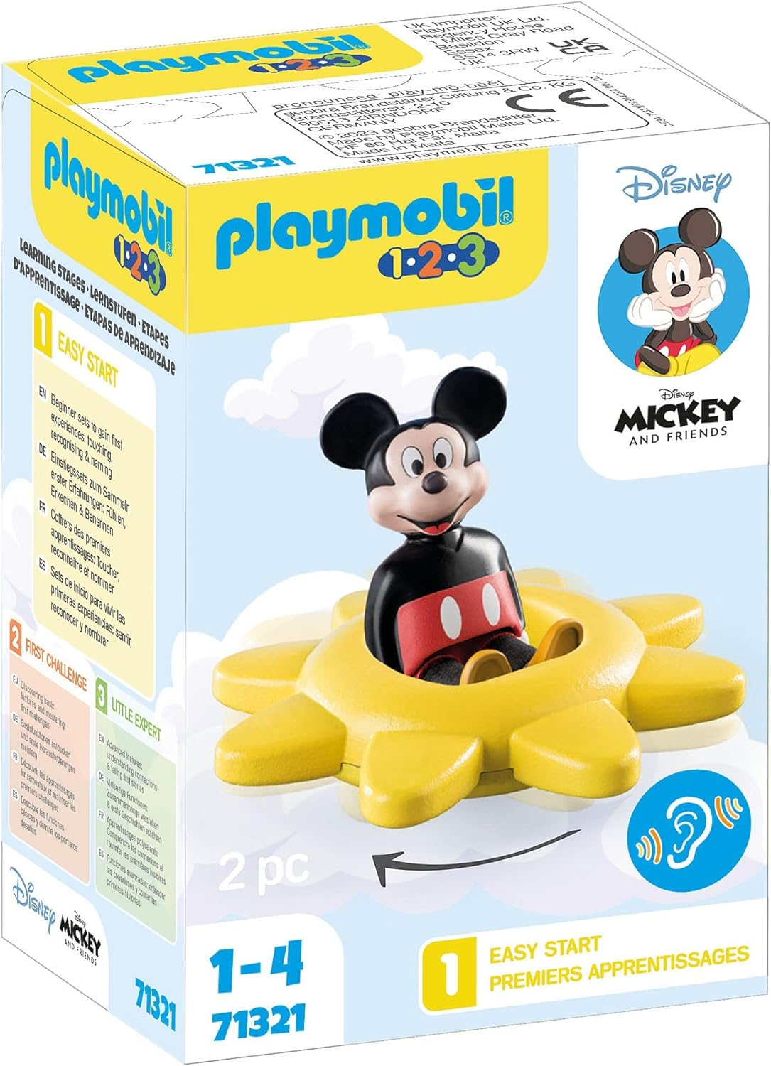 Playmobil  71321 1.2.3 e Disney: Mickey's Spinning Sun com recurso de chocalho, brinquedos educativos para crianças pequenas, brinquedos para presentear e dramatizações divertidas e imaginativas, conjuntos de jogos adequados para crianças de 12 meses ou