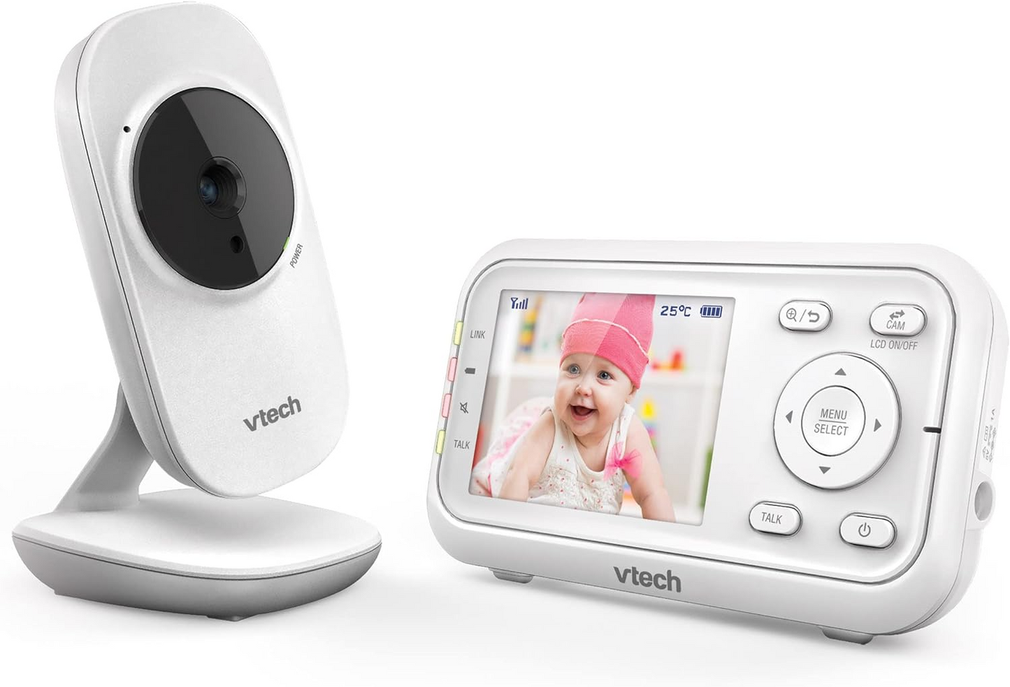VTech Monitor de vídeo VM3250 com suporte de bateria Streaming de vídeo de 19 horas, tela LCD de 2,8 ", visão noturna infravermelha, alcance de até 300 m, transmissão segura, sensor de temperatura, sons suaves, zoom 2X