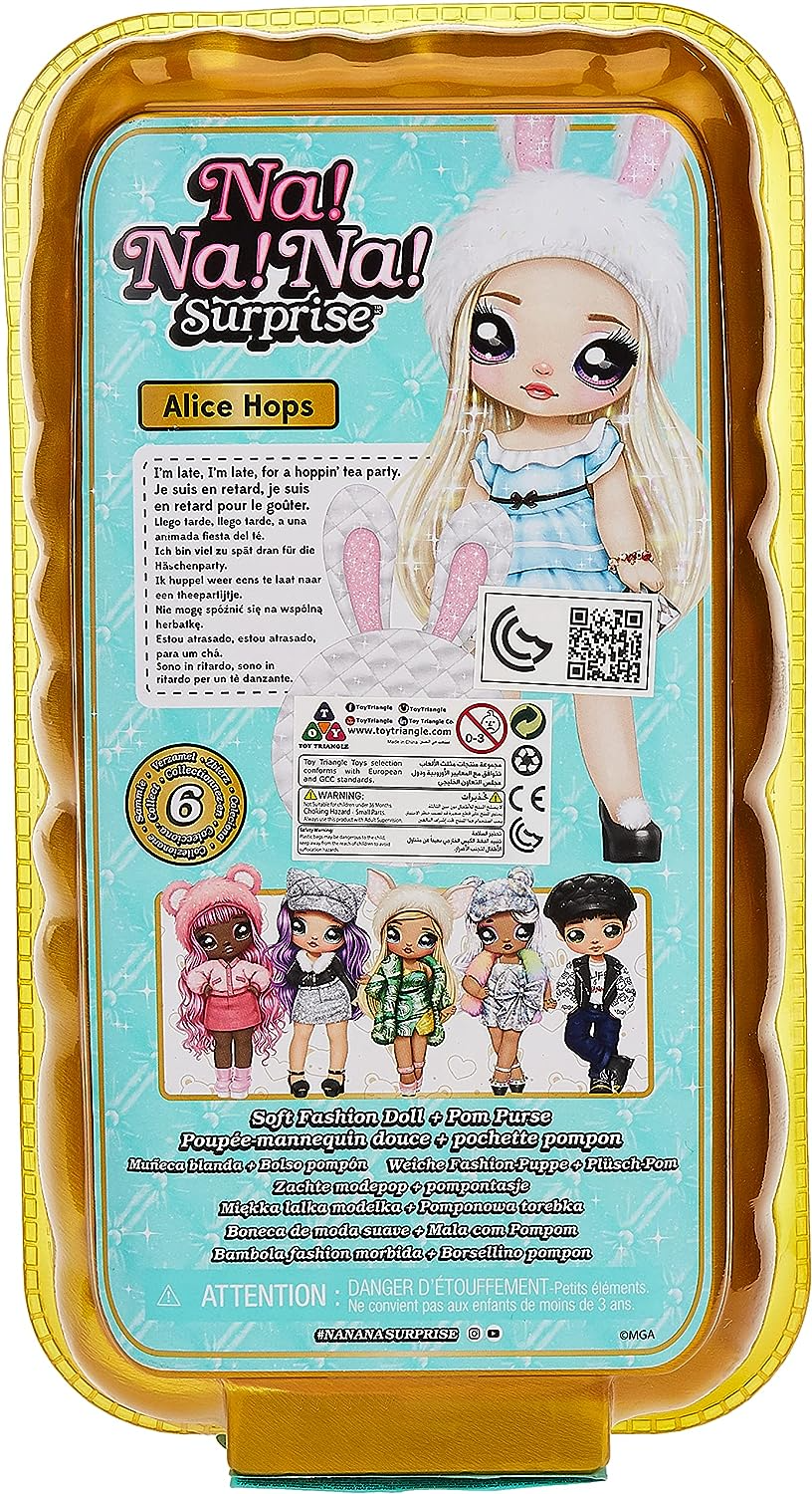 Na! Na! Na! Surprise Boneca fashion 2 em 1 e bolsa metálica série Glam - colecionável - boneca loira em vestido azul cintilante e orelhas de coelho com bolsa branca de coelho - Alice Hops