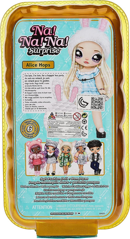 Na! Na! Na! Surprise Boneca fashion 2 em 1 e bolsa metálica série Glam - colecionável - boneca loira em vestido azul cintilante e orelhas de coelho com bolsa branca de coelho - Alice Hops