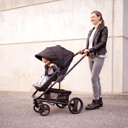 Silla de paseo Hauck con sistema Pacific Shop N Drive, carga máxima 25 kg, silla de paseo convertible en asiento reversible, silla de coche infantil, protección para los pies. Ruedas grandes, ligeras y ajustables en altura (negras)