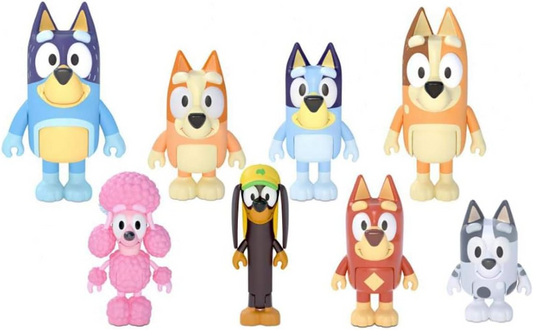 Figura de familia y amigos de Akedo Bluey, paquete de 8: figuras de acción articuladas de 2,5 pulgadas; Juguete coleccionable oficial de Bluey, Bingo, Bandit (papá), Chilli (mamá), Coco, Snickers, Rusty y Muffin.