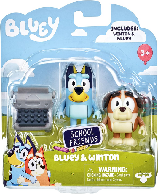 Bluey e Winton School Friends 2 pacotes oficiais de figuras de ação de personagens colecionáveis de 2,5-3 polegadas com acessório de máquina de escrever