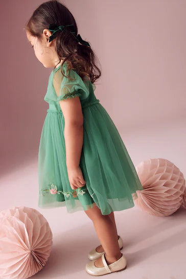 |Girl| Vestido De Festa Em Malha Verde Bordado (3 meses a 10 anos)