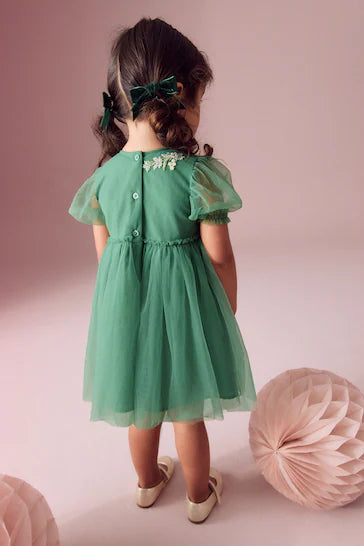 |Girl| Vestido De Festa Em Malha Verde Bordado (3 meses a 10 anos)