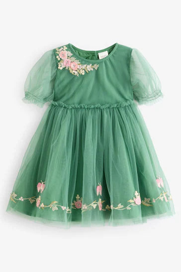 |Girl| Vestido De Festa Em Malha Verde Bordado (3 meses a 10 anos)