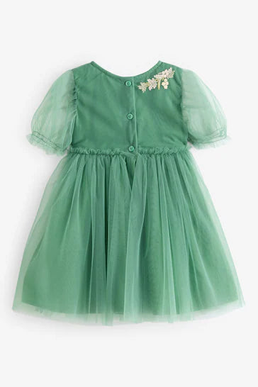 |Girl| Vestido De Festa Em Malha Verde Bordado (3 meses a 10 anos)