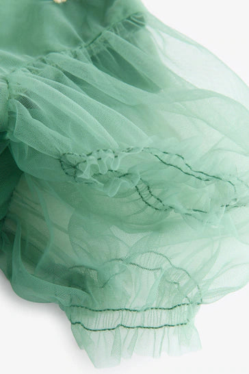 |Girl| Vestido De Festa Em Malha Verde Bordado (3 meses a 10 anos)