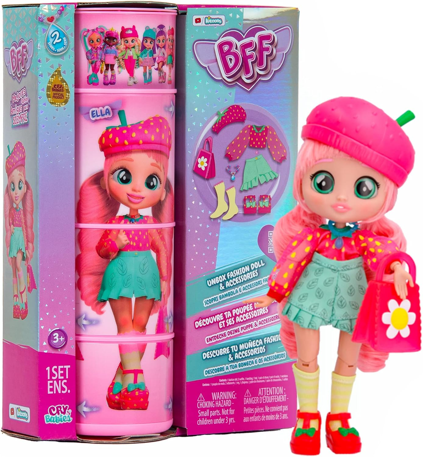 BFF by Cry Babies S2 Bruny Boneca colecionável de moda com cabelo comprido, roupas de tecido e 10 acessórios - Brinde de brinquedo para meninas e meninos +5 anos