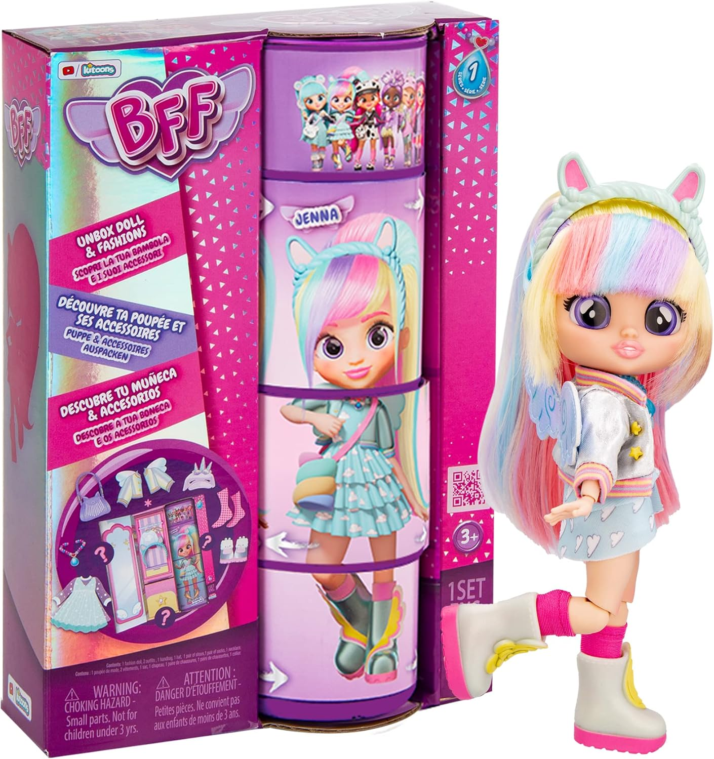 BFF by Cry Babies S2 Bruny Boneca colecionável de moda com cabelo comprido, roupas de tecido e 10 acessórios - Brinde de brinquedo para meninas e meninos +5 anos