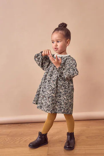 |Girl| Conjunto De Vestido e Meia-Calça Com Gola De Renda 100% Algodão - Ditsy Preto (3 meses a 8 anos)