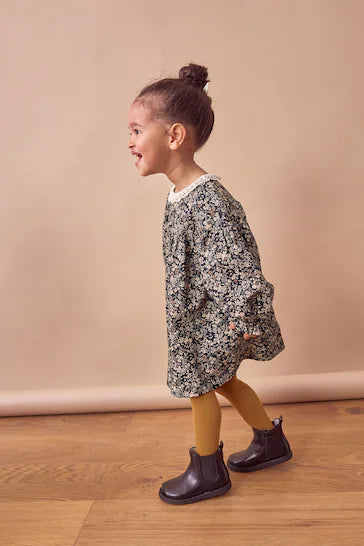 |Girl| Conjunto De Vestido e Meia-Calça Com Gola De Renda 100% Algodão - Ditsy Preto (3 meses a 8 anos)