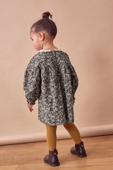 |Girl| Conjunto De Vestido e Meia-Calça Com Gola De Renda 100% Algodão - Ditsy Preto (3 meses a 8 anos)